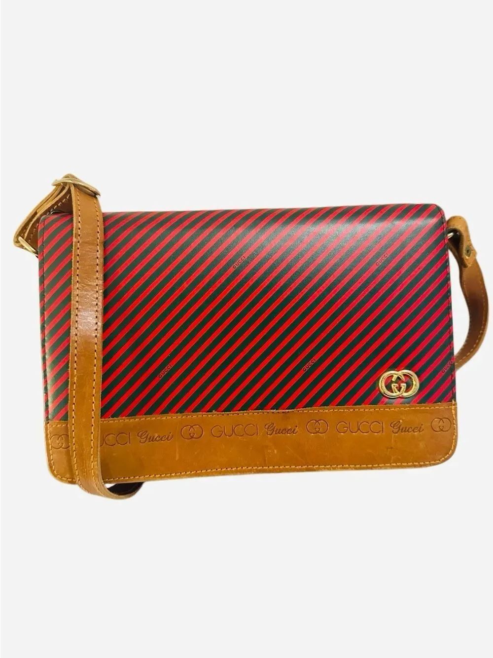 Gucci Red and Black Diagonal Stripe Crossbody with Tan Trim